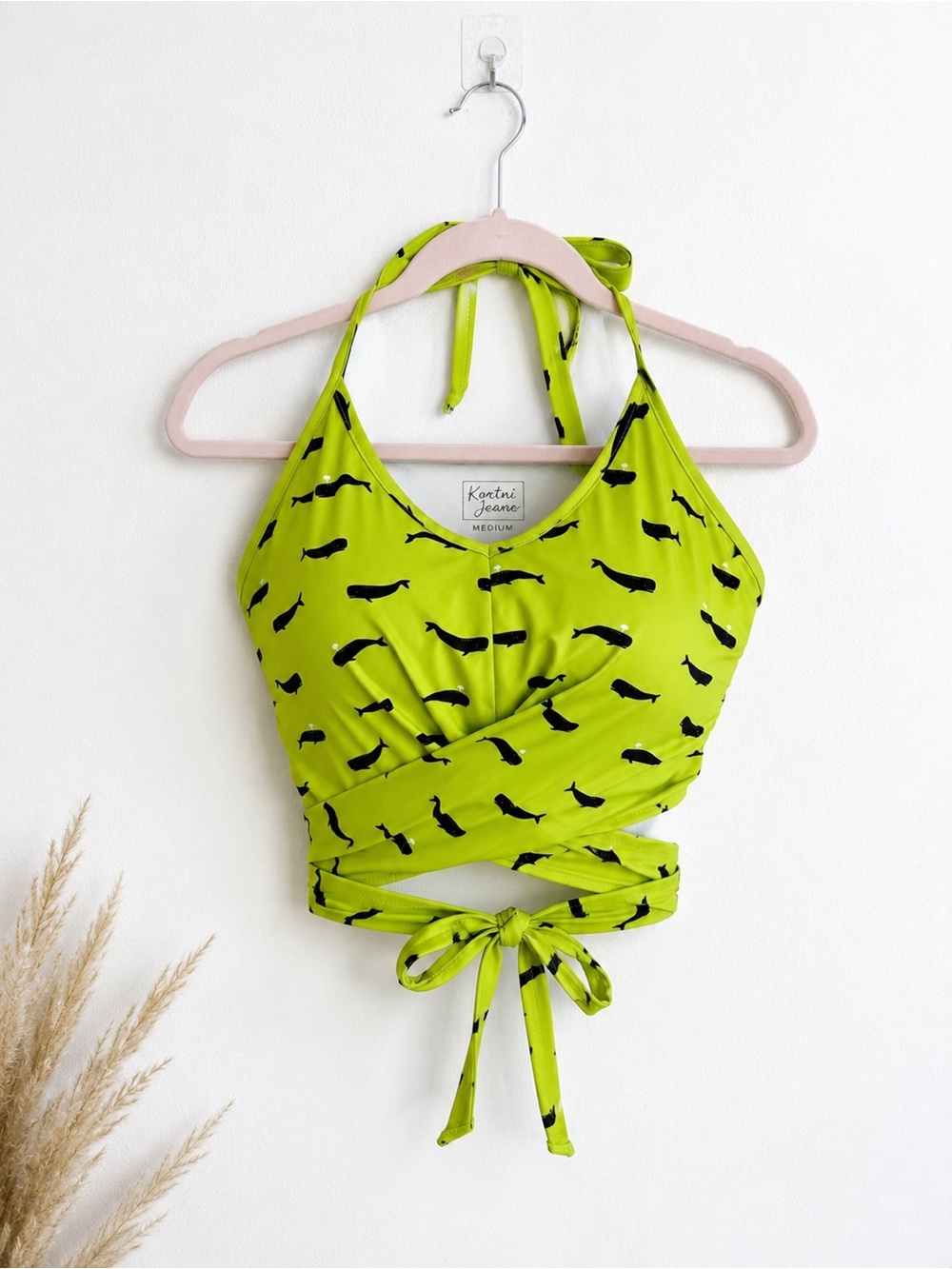 Kortni Jeane Neon Green Whale Print Wrap Bikini Swim Top Size Medium